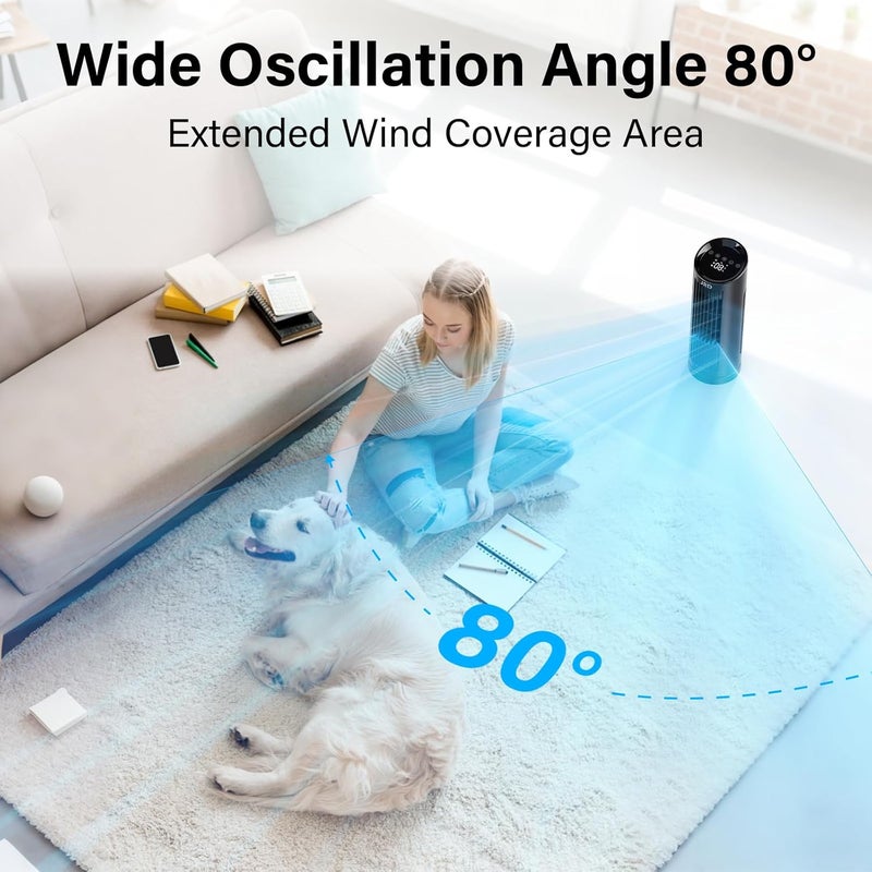 JRD 13'' Tower Fan for Bedroom, Quiet Cooling Desk Fan with Remote, 80° Oscillating, 3 Speed, 4 Mode, 12h Timer, Digital Touch Screen, Portable, Safe Bladeless Table Fan for Home Desktop Office - Image 4